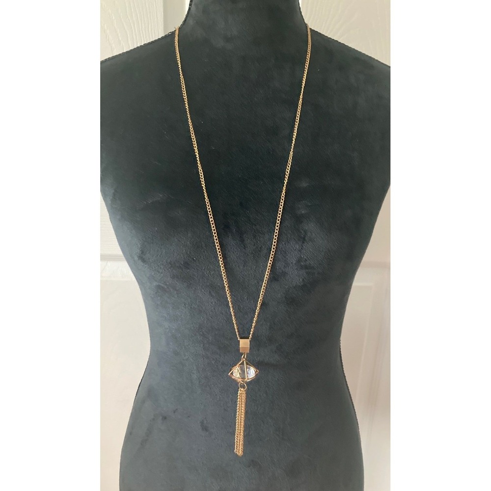Vintage Statement Protection Necklace Pyramid Tassel Crystal Rare Gold Tone